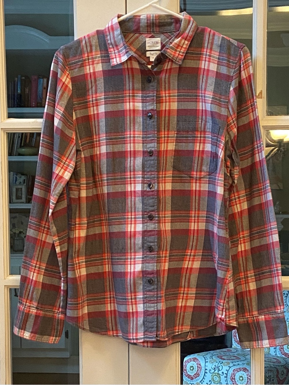 J. Crew Red and Gray Plaid Cotton Button-Down Shirt Size Medium